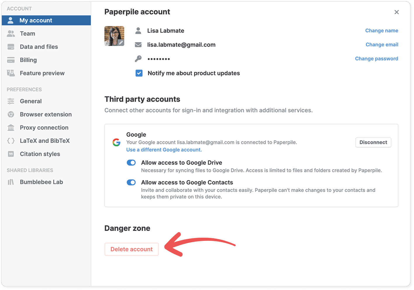 Settings › My account showing the profile name, email and password rows, a Third party accounts section for Google with Drive and Contacts toggles, and a red arrow pointing to the “Delete account” button in the Danger zone.
